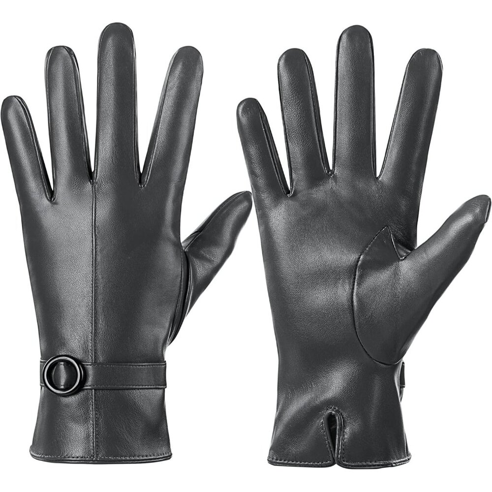 Women's Grey Winter Leather Gloves Touchscreen Texting Warm Driving Gloves